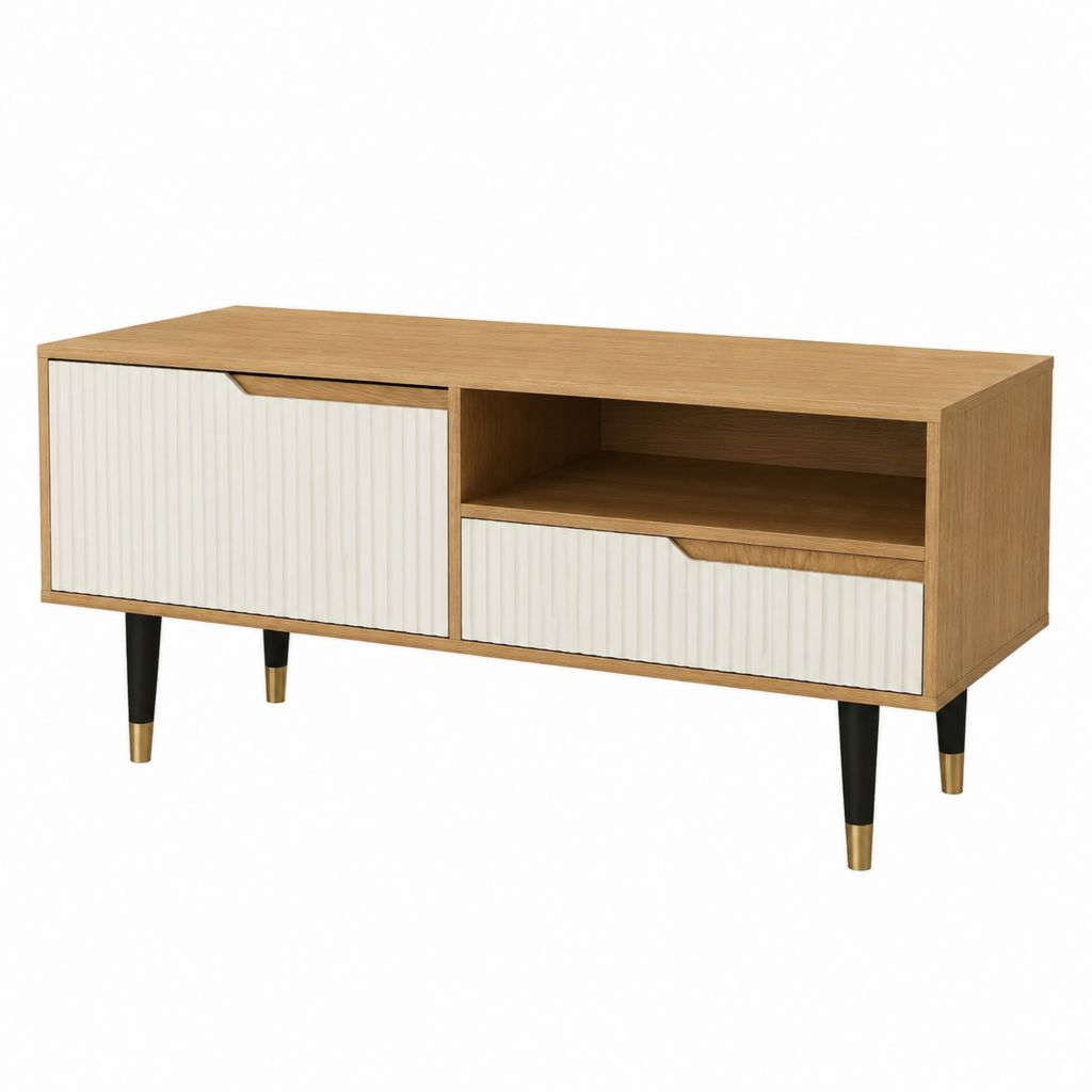 Meuble TV rectangulaire en MDF plaqué chêne naturel blanc 120 x 40 x 60 cm