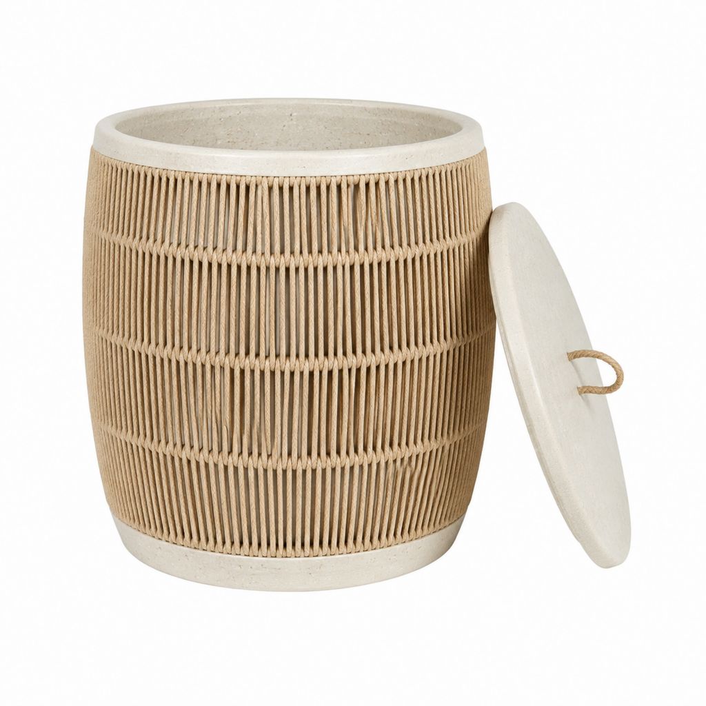 Coffre de jardin rond beige en béton et corde papier avec couvercle Ø 40 x H 50 cm