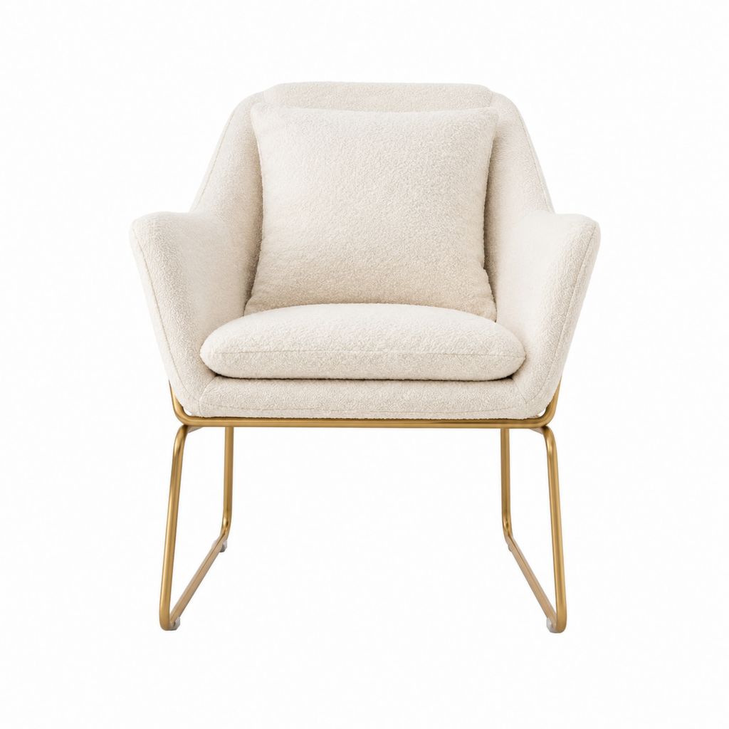 Fauteuil enveloppant écru en polyester bouclette avec piètement acier doré 72 x 78 x 78 cm
