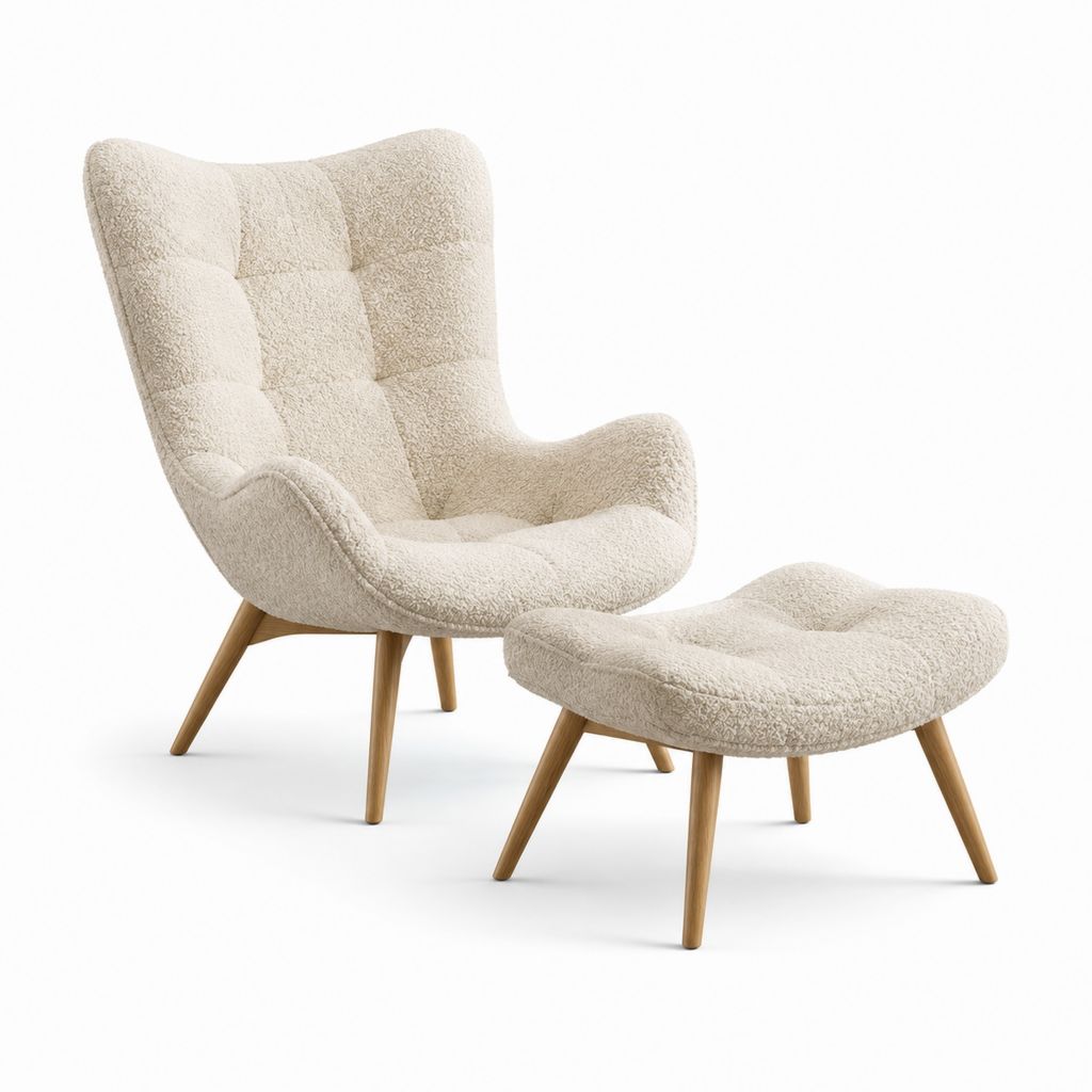 Fauteuil relax avec repose-pieds écru en polyester bouclette et pieds en bois massif 78 x 88 x 101 cm