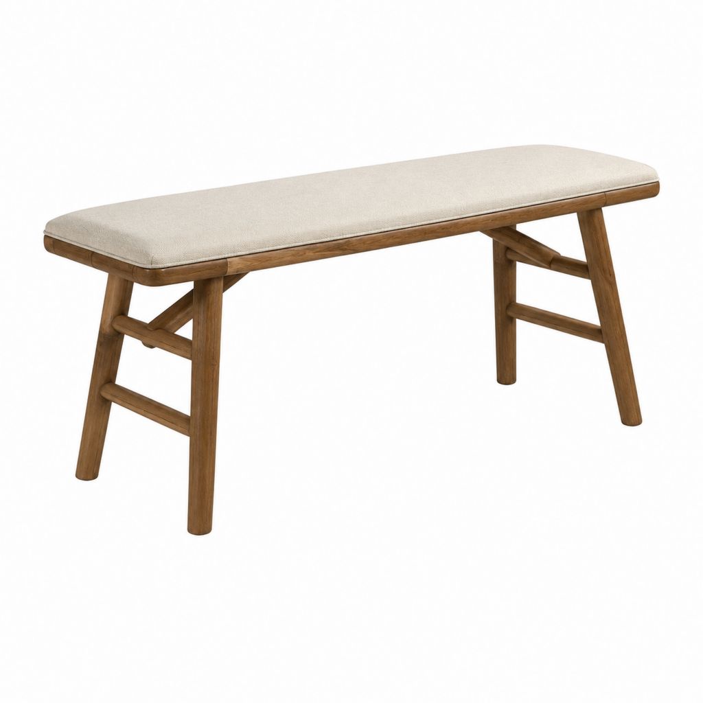 Banc de jardin rectangulaire en bois massif d'acacia brun avec coussin beige 120 x 40 x 45 cm