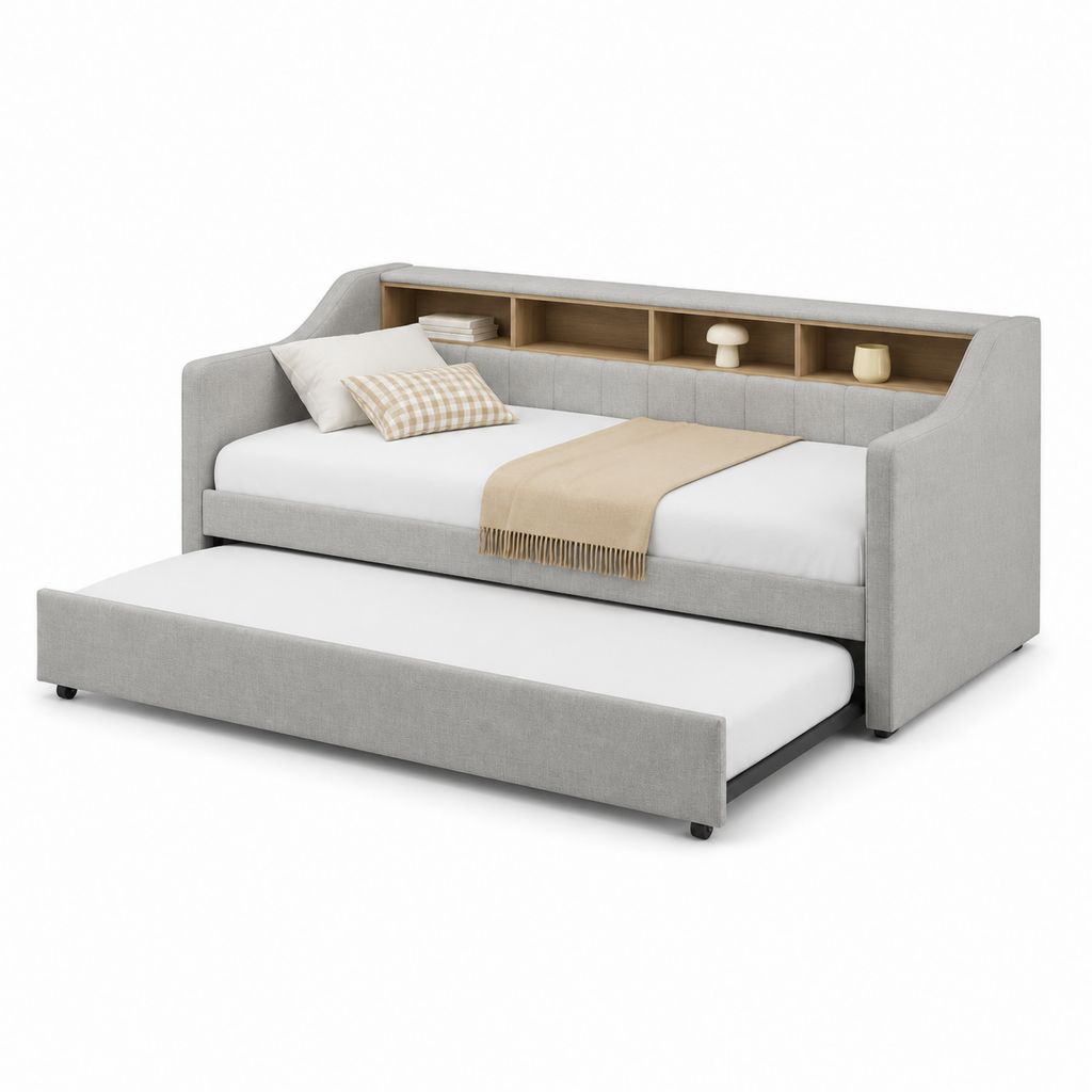 Lit gigogne 2 couchages gris en polyester avec étagères 90 x 200 cm 218 x 105 x 95 cm
