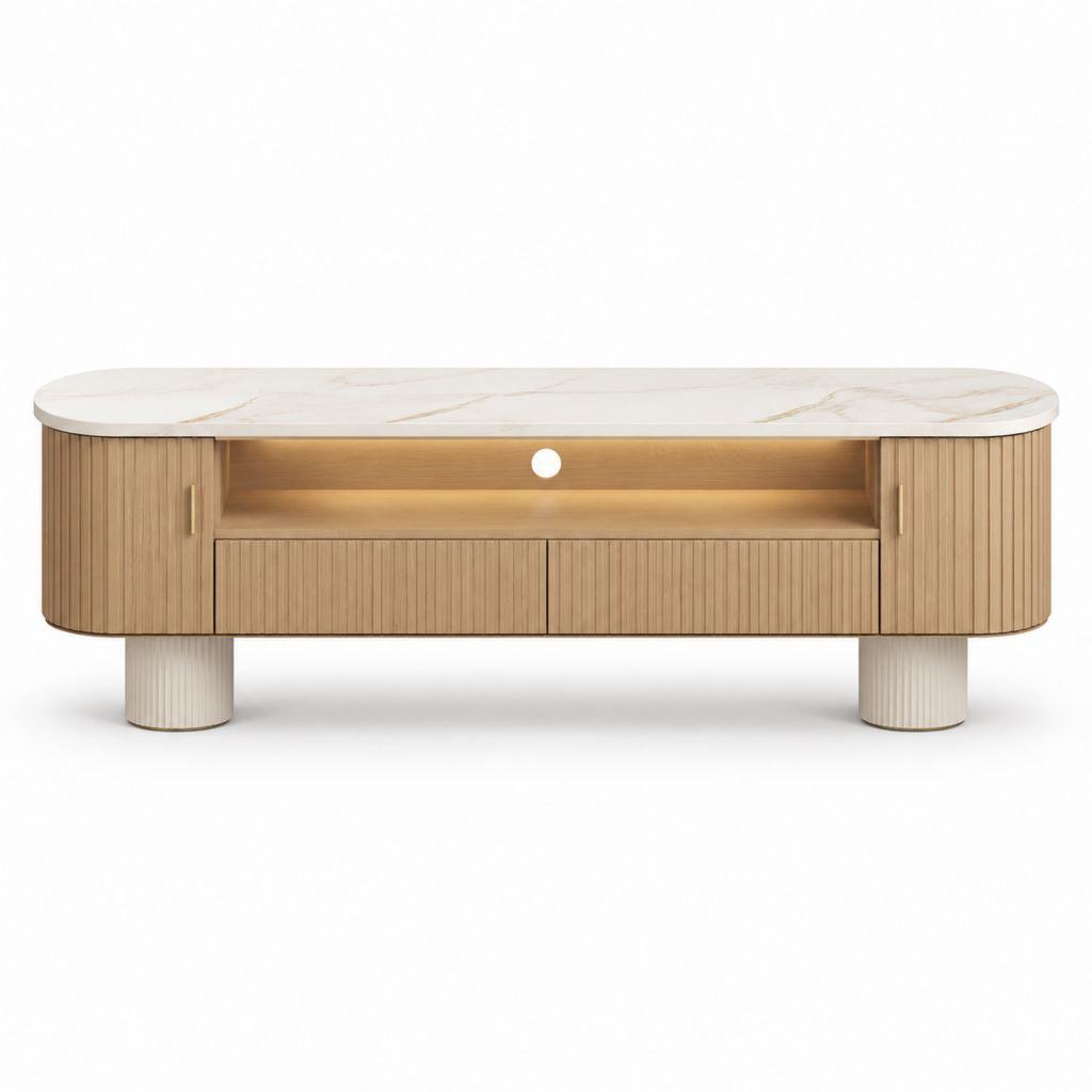 Meuble TV bas arrondi beige et blanc en MDF avec plateau effet marbre 180 x 40 x 55 cm
