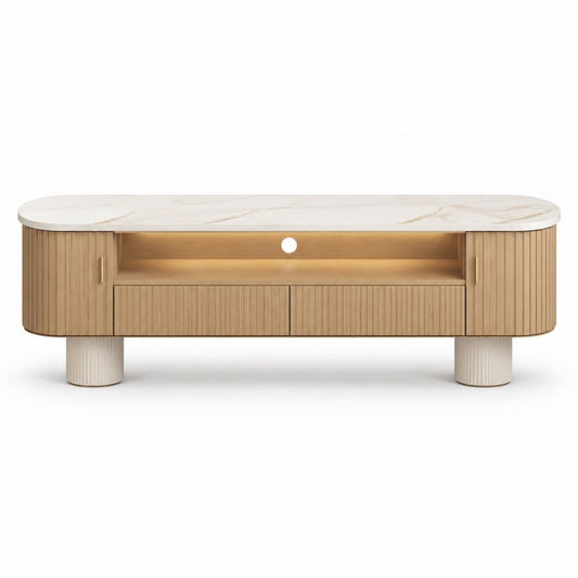 Meuble TV bas arrondi beige et blanc en MDF avec plateau effet marbre 180 x 40 x 55 cm