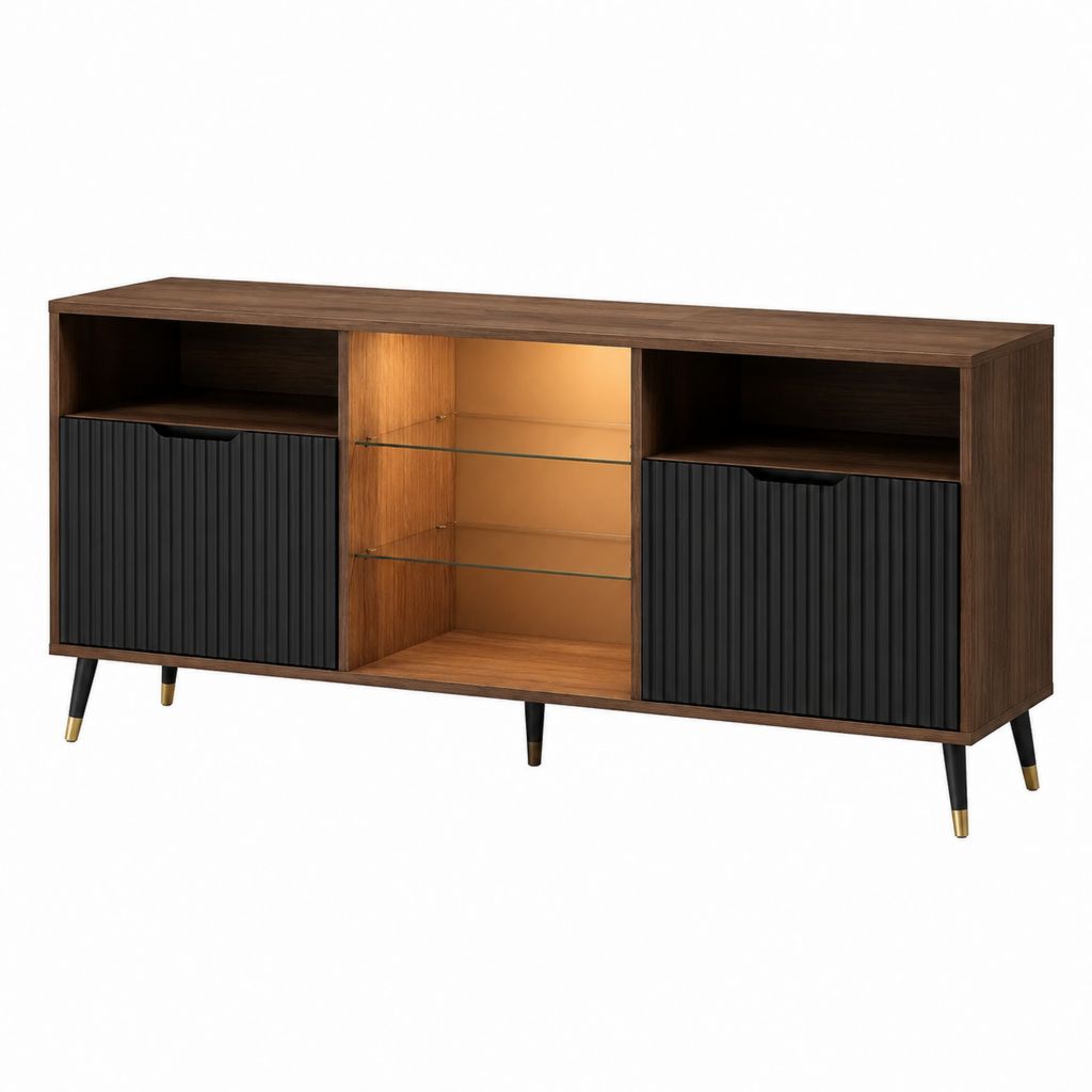 Meuble TV bas noyer et noir en MDF plaqué avec portes rainurées 180 x 40 x 75 cm