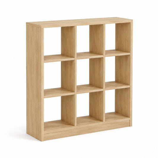 Bibliothèque à 9 cases chêne clair en panneaux de particules 90 x 30 x 100 cm