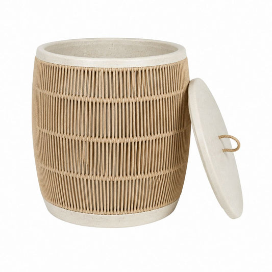 Coffre de jardin rond beige en béton et corde papier avec couvercle Ø 40 x H 50 cm