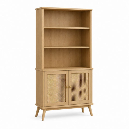 Bibliothèque vitrine rectangulaire chêne clair en MDF et rotin 80 x 40 x 180 cm