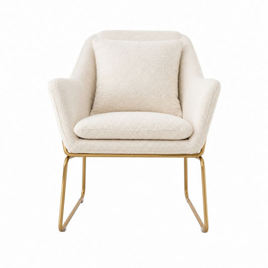 Fauteuil enveloppant écru en polyester bouclette avec piètement acier doré 72 x 78 x 78 cm
