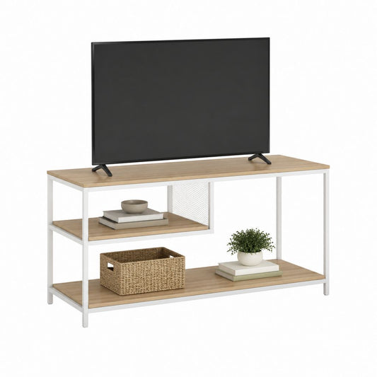 Meuble TV 120 cm blanc et chêne avec étagères en panneaux de particules et acier