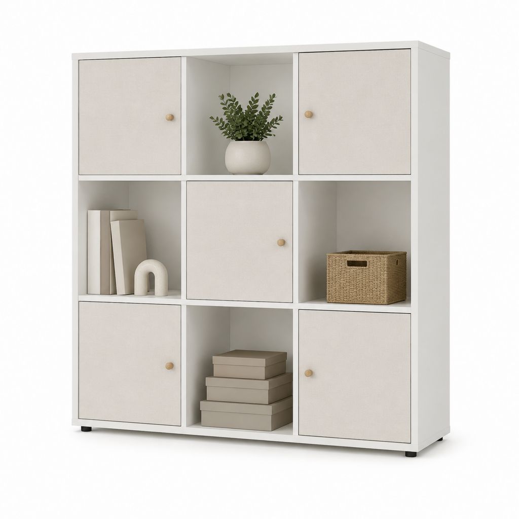 Bibliothèque à 9 compartiments blanc et beige en panneaux de particules 90 x 30 x 120 cm