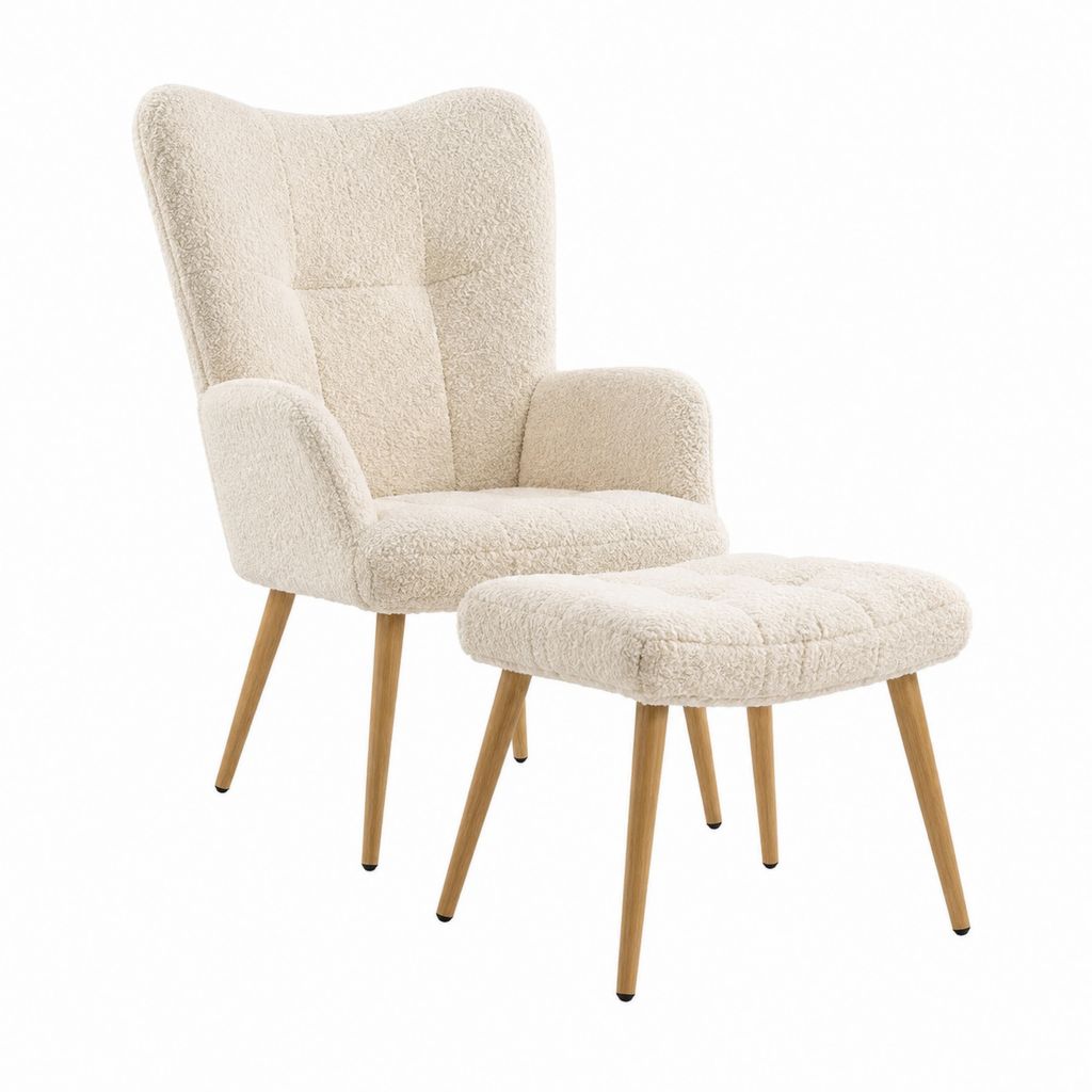 Fauteuil à oreilles avec repose-pieds beige en polyester bouclette pieds en hévéa massif 75 x 85 x 102 cm