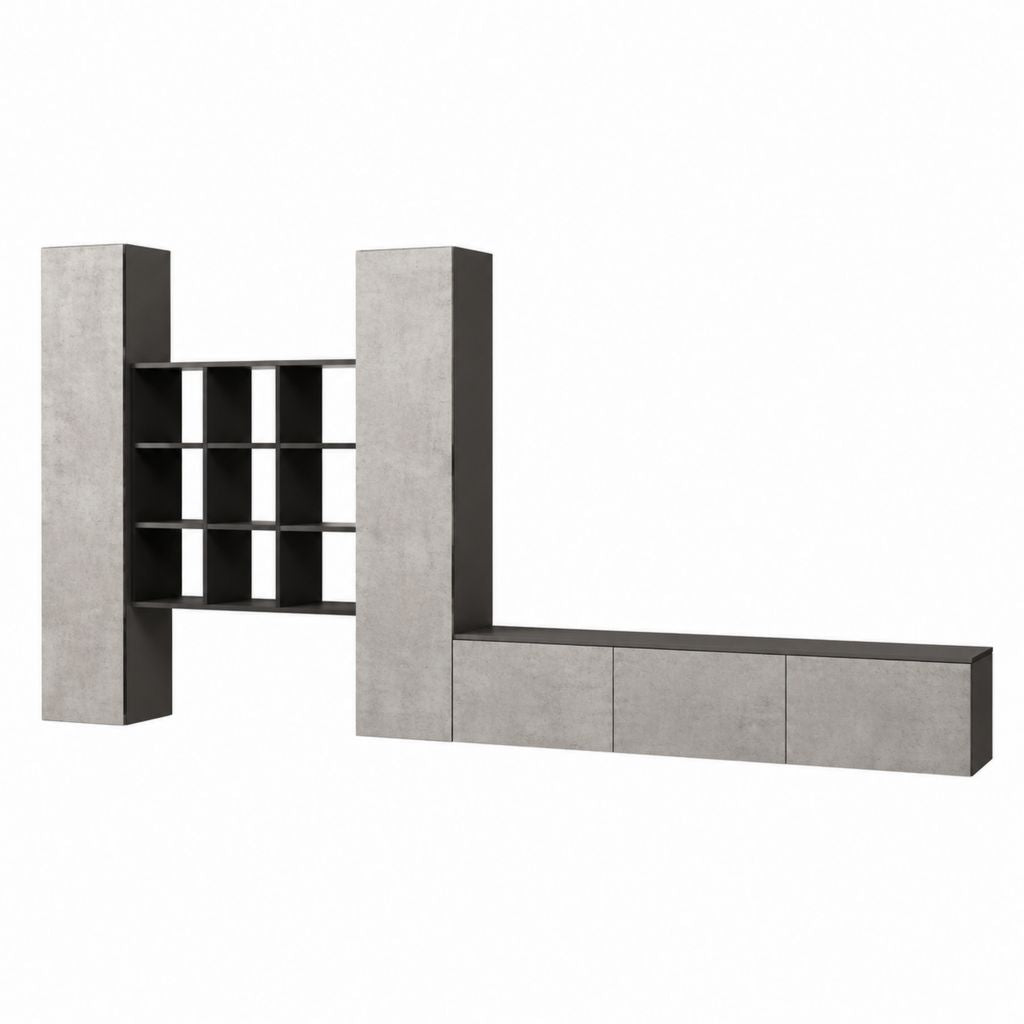 Ensemble meuble TV mural gris béton et anthracite en panneaux de particules L 280 x P 40 x H 180 cm