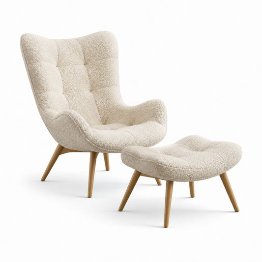 Fauteuil relax avec repose-pieds écru en polyester bouclette et pieds en bois massif 78 x 88 x 101 cm