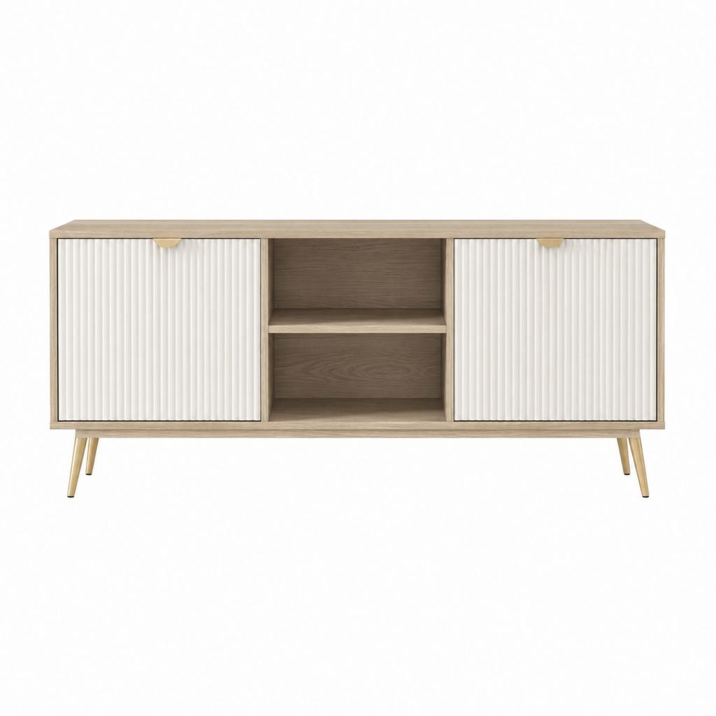 Meuble TV 2 portes blanc et chêne clair en panneaux MDF 160 x 40 x 65 cm
