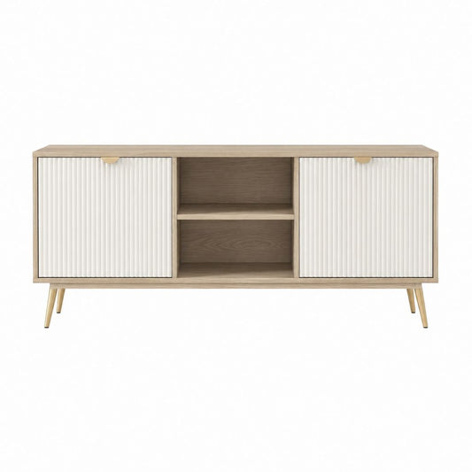 Meuble TV 2 portes blanc et chêne clair en panneaux MDF 160 x 40 x 65 cm