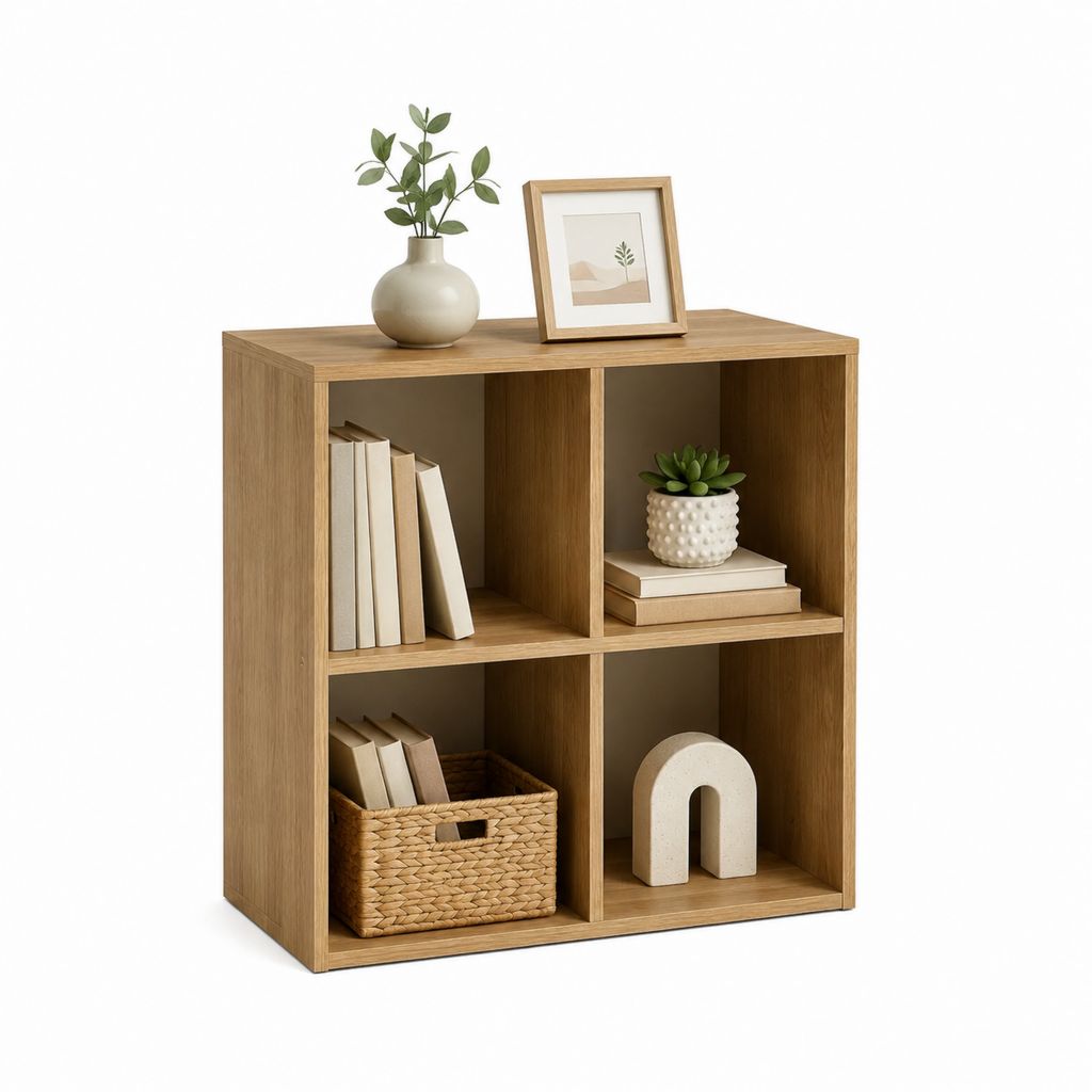 Bibliothèque 4 cases rectangulaire chêne clair en panneaux de particules 80 x 80 x 30 cm