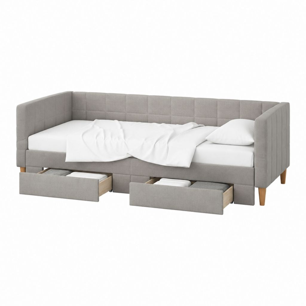 Lit banquette convertible gris en polyester rectangulaire 90 x 200 cm avec 2 tiroirs 220 x 102 x 92 cm