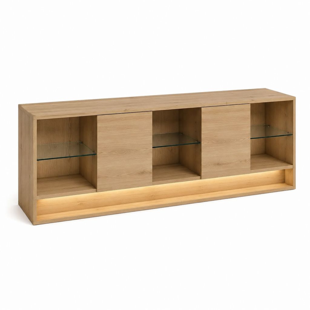 Meuble TV en chêne clair avec portes coulissantes et éclairage LED 180 x 40 x 75 cm