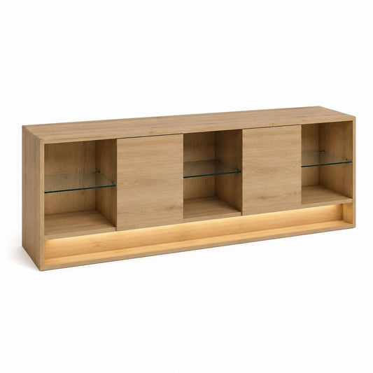 Meuble TV en chêne clair avec portes coulissantes et éclairage LED 180 x 40 x 75 cm