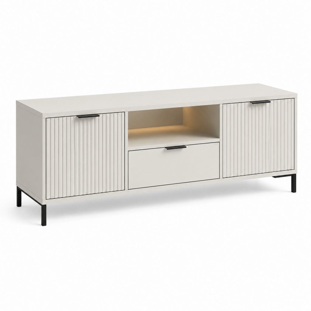 Meuble TV rectangulaire blanc en panneaux de particules 160 x 40 x 60 cm avec rangements et éclairage LED