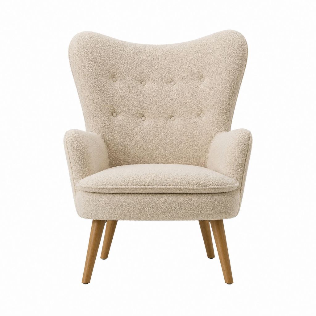 Fauteuil à oreilles beige en polyester bouclette avec pieds en bois massif 76 x 82 x 102 cm
