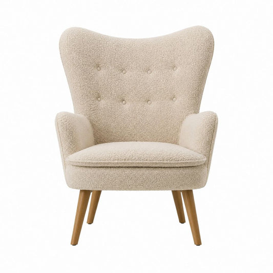 Fauteuil à oreilles beige en polyester bouclette avec pieds en bois massif 76 x 82 x 102 cm