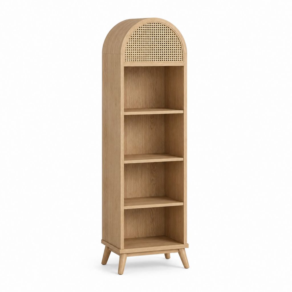 Bibliothèque haute 4 niches en MDF plaqué chêne clair cannage forme arche 60 x 35 x 180 cm