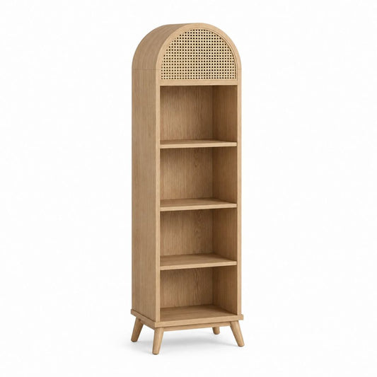 Bibliothèque haute 4 niches en MDF plaqué chêne clair cannage forme arche 60 x 35 x 180 cm